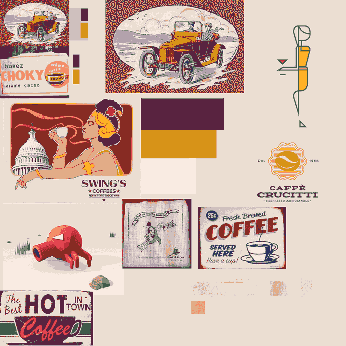 An assortment of tin coffee advertisements, napkins, logos, mascots, and a 3d legend of zelda octorok animation that just happened to use the same palette for some reason. 