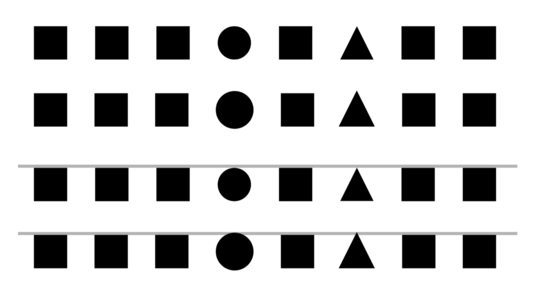 Four rows of various shapes. the first row is a row of squares with a circle and a triangle in the middle of exactly the same height as the squares, but optically appearing shorter. the second row is similar, but the circle and triangle have been made slightly bigger in order to appear the same height as the squares. the third and fourth rows duplicate the first two, but with gray guidelines for exposing the illusion.