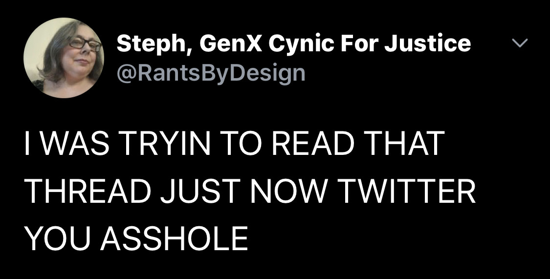 Twitter post from @RantsByDesign: I WAS TRYING TO READ THAT THREAD JUST NOW TWITTER YOU ASSHOLE