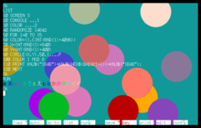 an example screen capture from an early pc 98, 16 colors random circles screensavr, with text drawn to a seperate framebuffer and layered over the top.